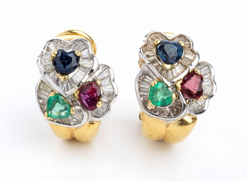 Orecchini in oro, diamanti, zaffiri, smeraldi e rubini