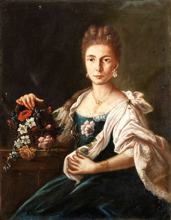 Artista napoletano, XVIII secolo - Ritratto di gentildonna con bouquet di fiori e gioielli