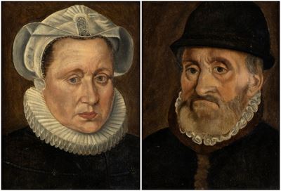 A) Ritratto di Dama con Cuffia e Gorgiera; B) Ritratto di Gentiluomo con Cappello. Coppia di Dipi...