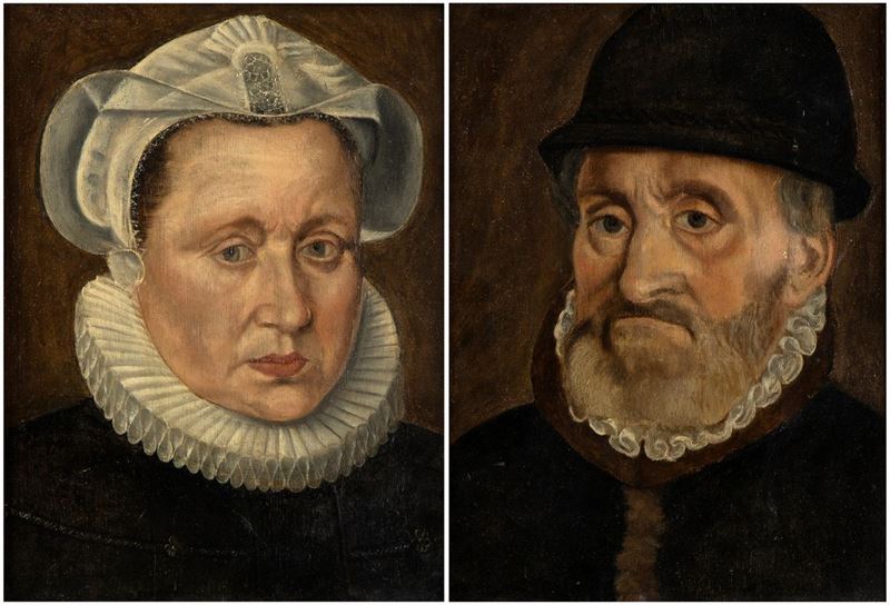 Artista Olandese, XVII Secolo - A) Ritratto di Dama con Cuffia e Gorgiera; B) Ritratto di Gentilu...