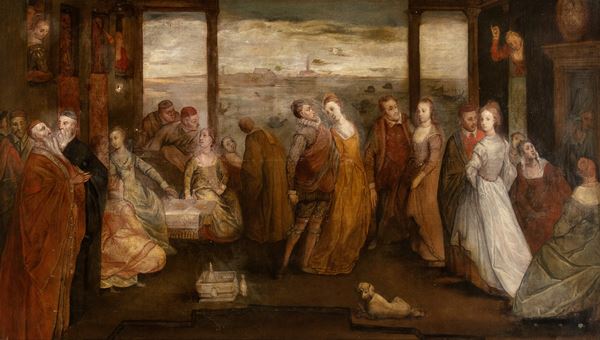 Artista fiammingo attivo a Venezia, fine XVI - inizio XVII secolo - Ricevimento di nozze in un palazzo veneziano