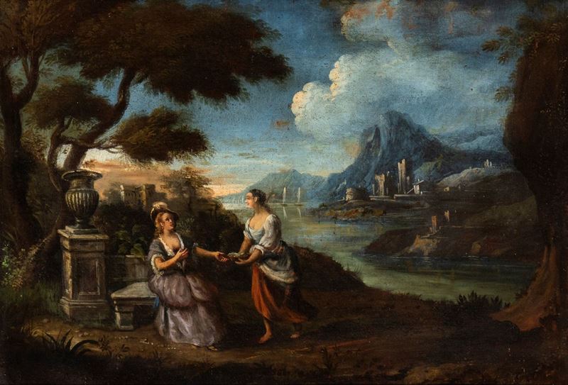 Artista Italiano, XVIII Secolo - Gentildonna e Fantesca nel Giardino di una Villa
