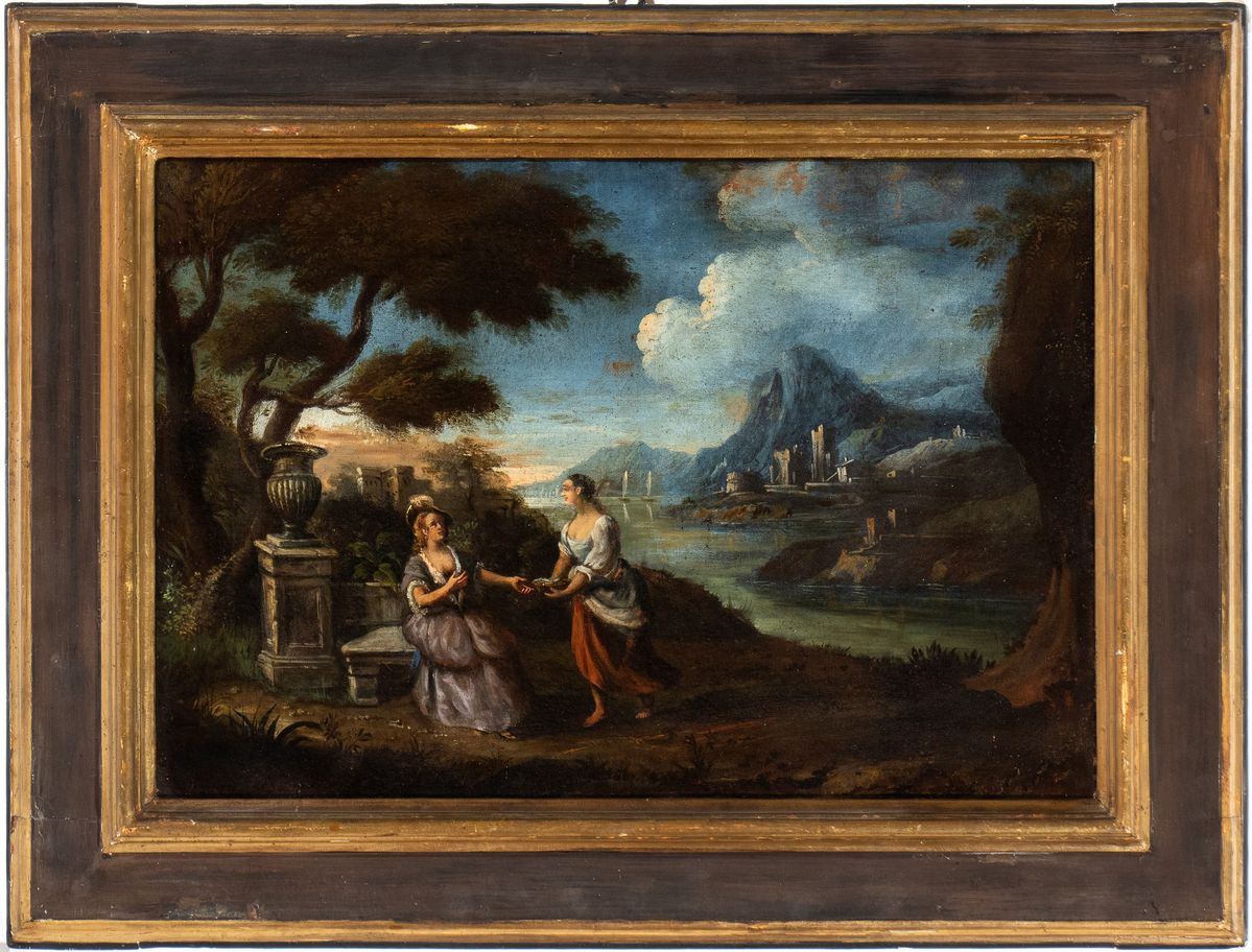 Artista Italiano, XVIII Secolo - Gentildonna e Fantesca nel Giardino di una Villa
