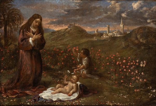 Ippolito Scarsella Scarsellino - La Madonna e San Giovannino in adorazione del Bambino, "Madonna delle rose"