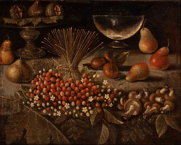 Artista lombardo, inizio XVII secolo - Still life with strawberries, mushrooms, pears and figs