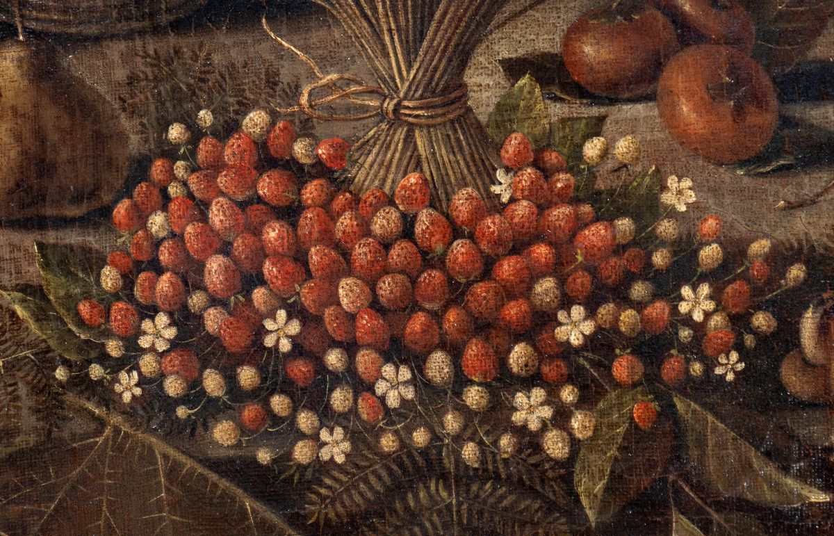 Artista Lombardo, Prima Metà XVII Secolo - Natura Morta con Fragoline, Funghi, Pere e Fichi