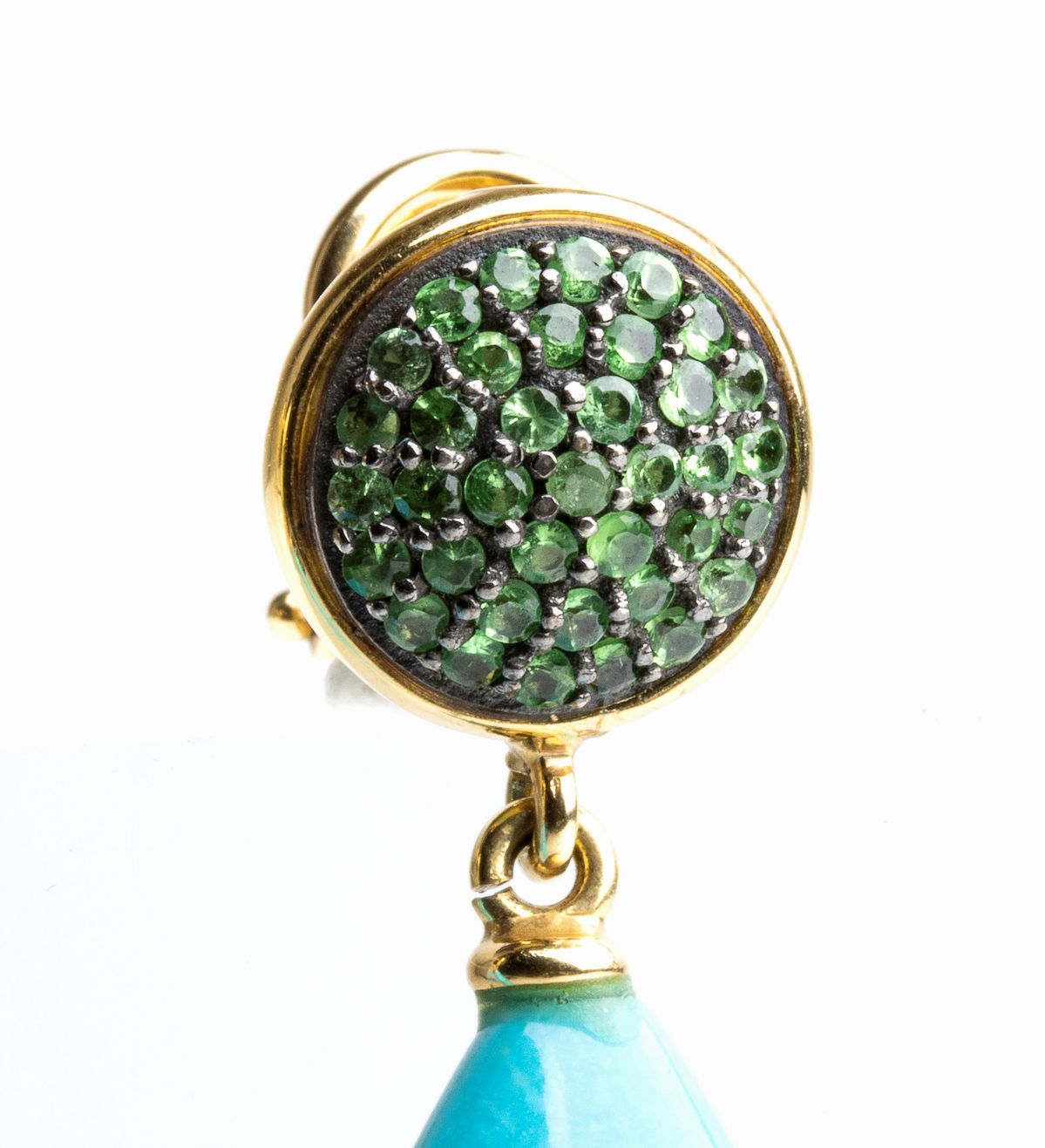 ASCIONE: orecchini pendenti in oro pendenti con turchesi e tsavoriti