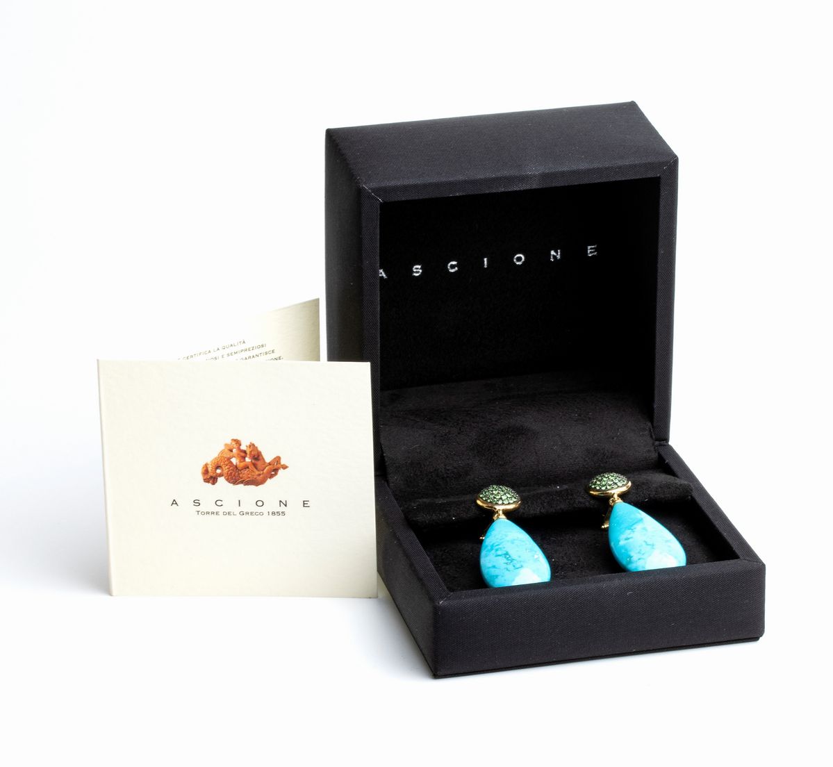 ASCIONE: orecchini pendenti in oro pendenti con turchesi e tsavoriti