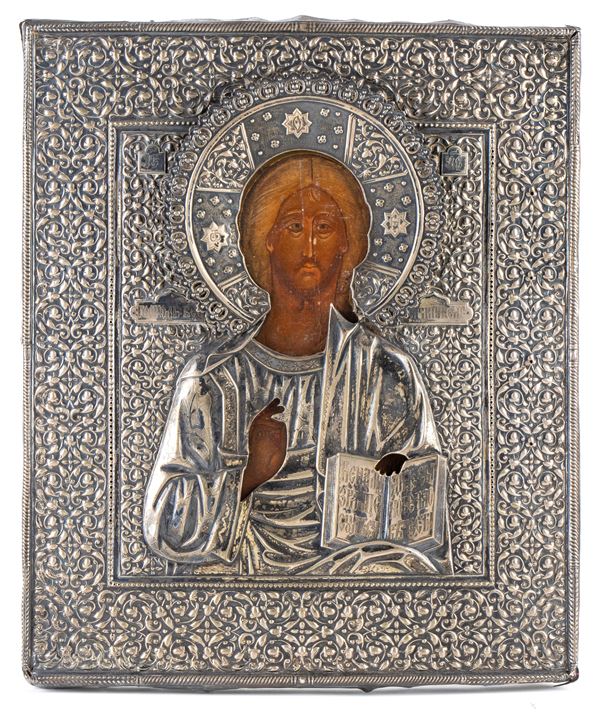 ANDREI MIKHAILOVITCH POSTNIKOV - Russian icon depicting Christ Pantocrator with silver riza