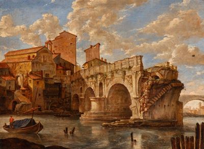 Veduta del Ponte Rotto sul Tevere con la Chiesa di San Salvatore De Pede Pontis