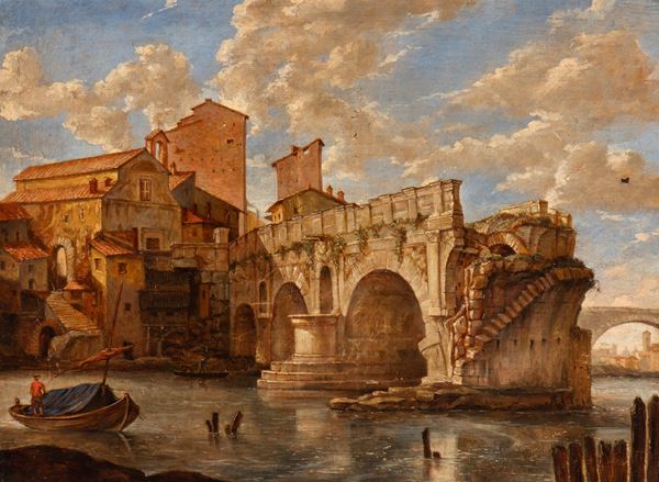 Artista attivo a Roma, fine XVIII - inizio XIX secolo - View of the Ponte Rotto over the Tiber with the church of San Salvatore de Pede Pontis