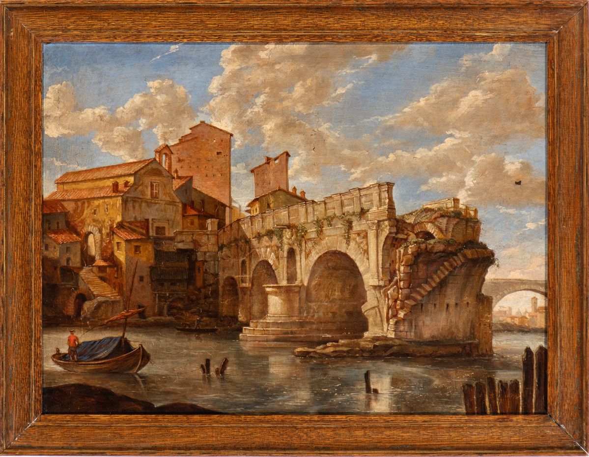 Artista Attivo a Roma, Fine XVIII - Inizio XIX Secolo - Veduta del Ponte Rotto sul Tevere con la ...