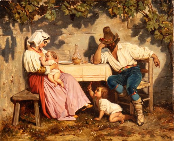 Artista nord-europeo attivo a Roma, XIX secolo - Peasant family at the table