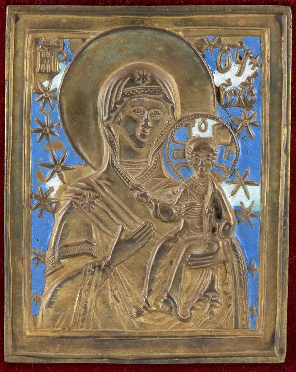 Icona russa da viaggio in bronzo raffigurante la Madonna di Smolensk