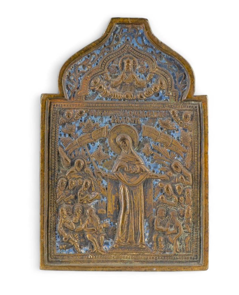 Icona da viaggio raffigurante la Madre della Consolazione, fusione in bronzo con smalti policromi
