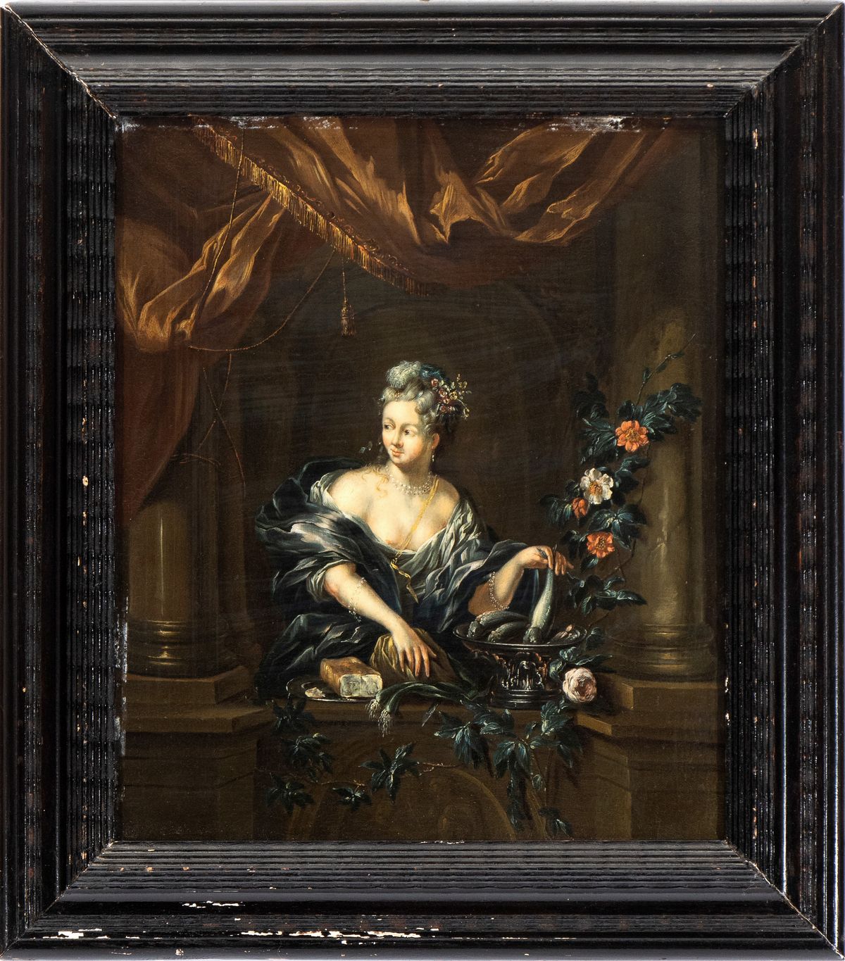 Ottomar Elliger il Giovane - Ritratto di Giovane Gentildonna con Pane, Pesci e Fiori