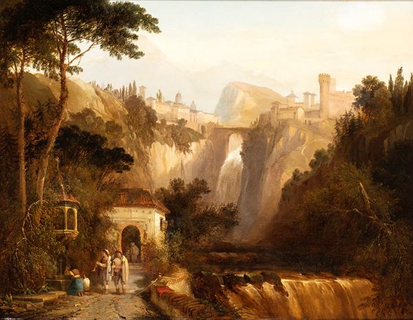 George Clarkson Stanfield - Paesaggio laziale con cascata, ponte, borgo e zampognari di fronte a un'edicola votiva  (Veduta fantasiosa di Tivoli?)