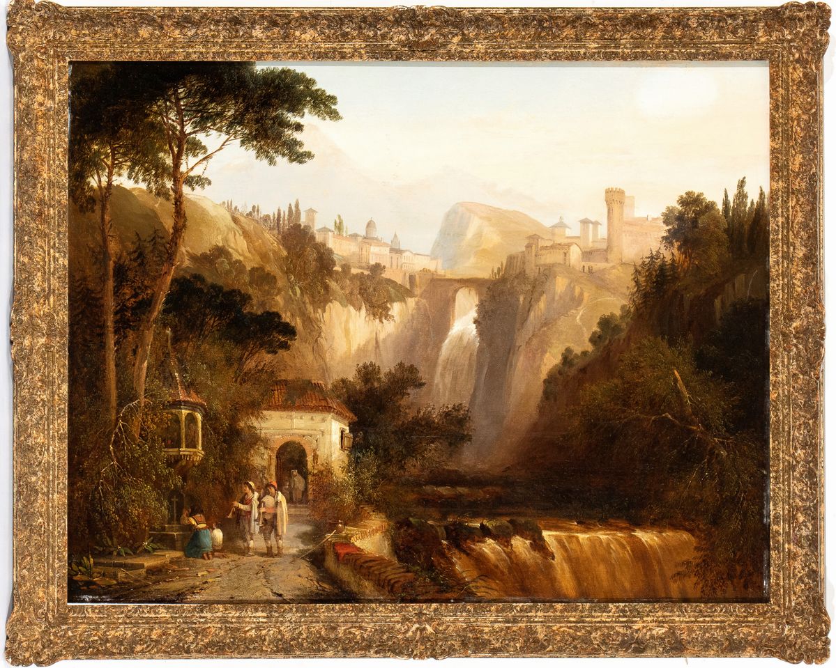 George Clarkson Stanfield - Paesaggio Laziale con Cascata, Ponte, Borgo e Zampognari di Fronte a ...