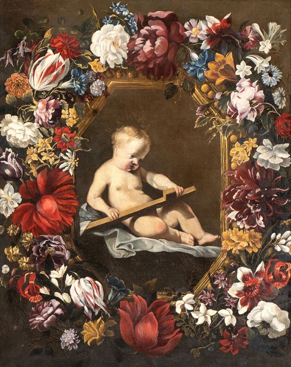 Artista fiammingo, seconda met&#224; XVII secolo - Ghirlanda di fiori con Gesù che contempla le croce
