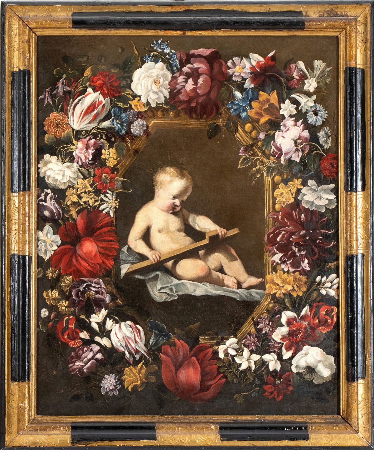 Artista Fiammingo, Seconda Metà XVII Secolo - Ghirlanda di Fiori con Gesù che Contempla le Croce