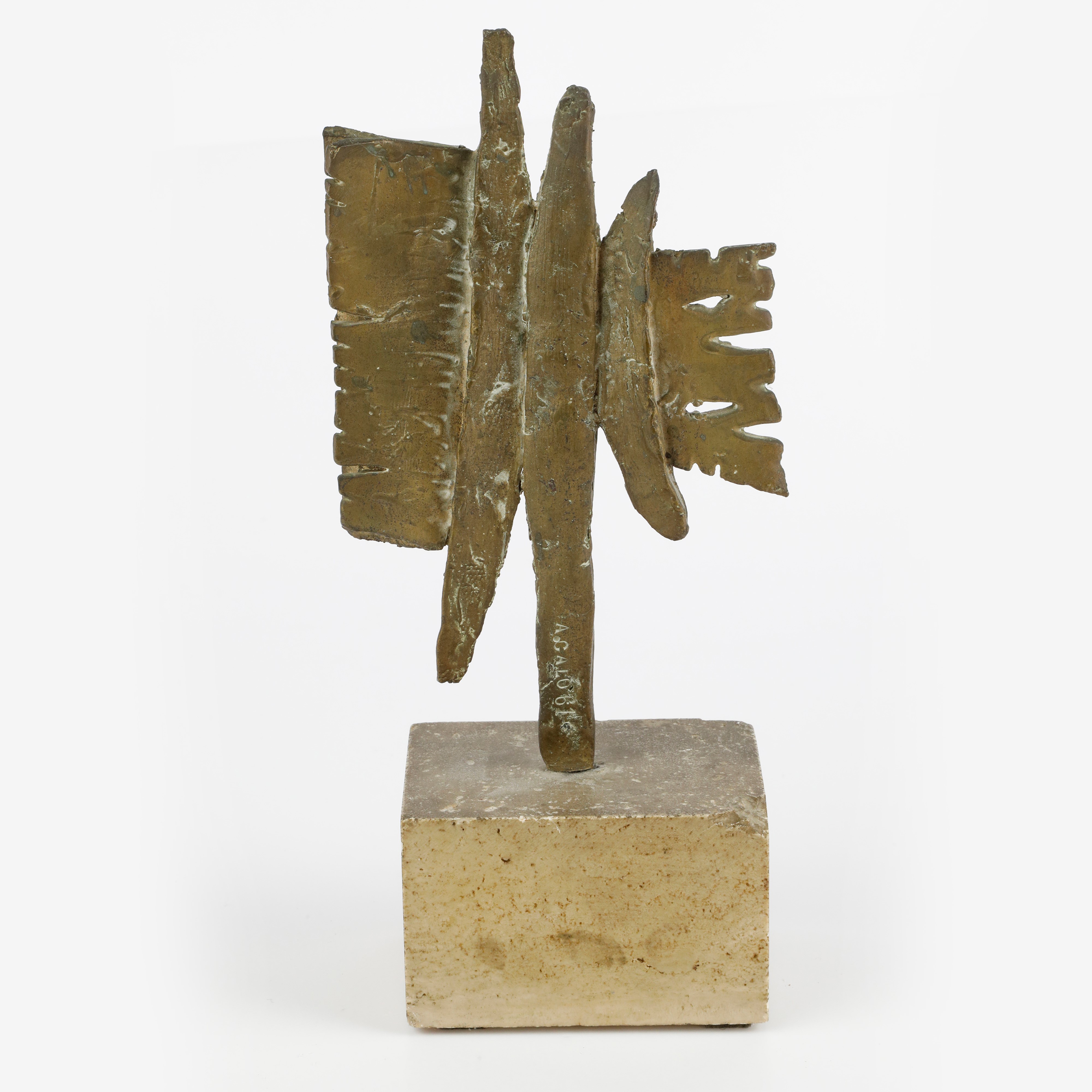 Aldo Calò - Verticale, Scultura in Volume in Bronzo su Base in Travertino