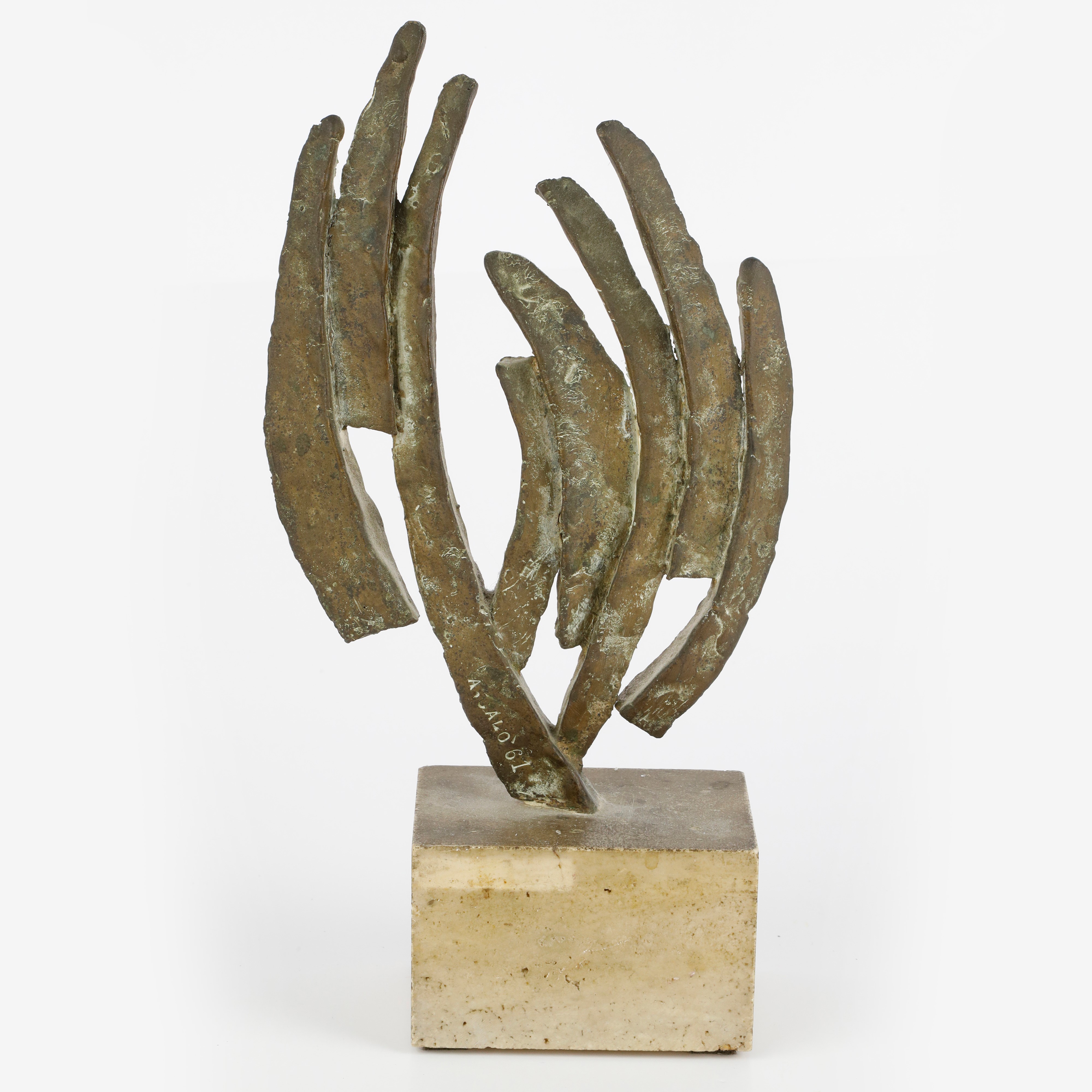 Aldo Calò - Incontro, Scultura in Volume in Bronzo su Base in Travertino