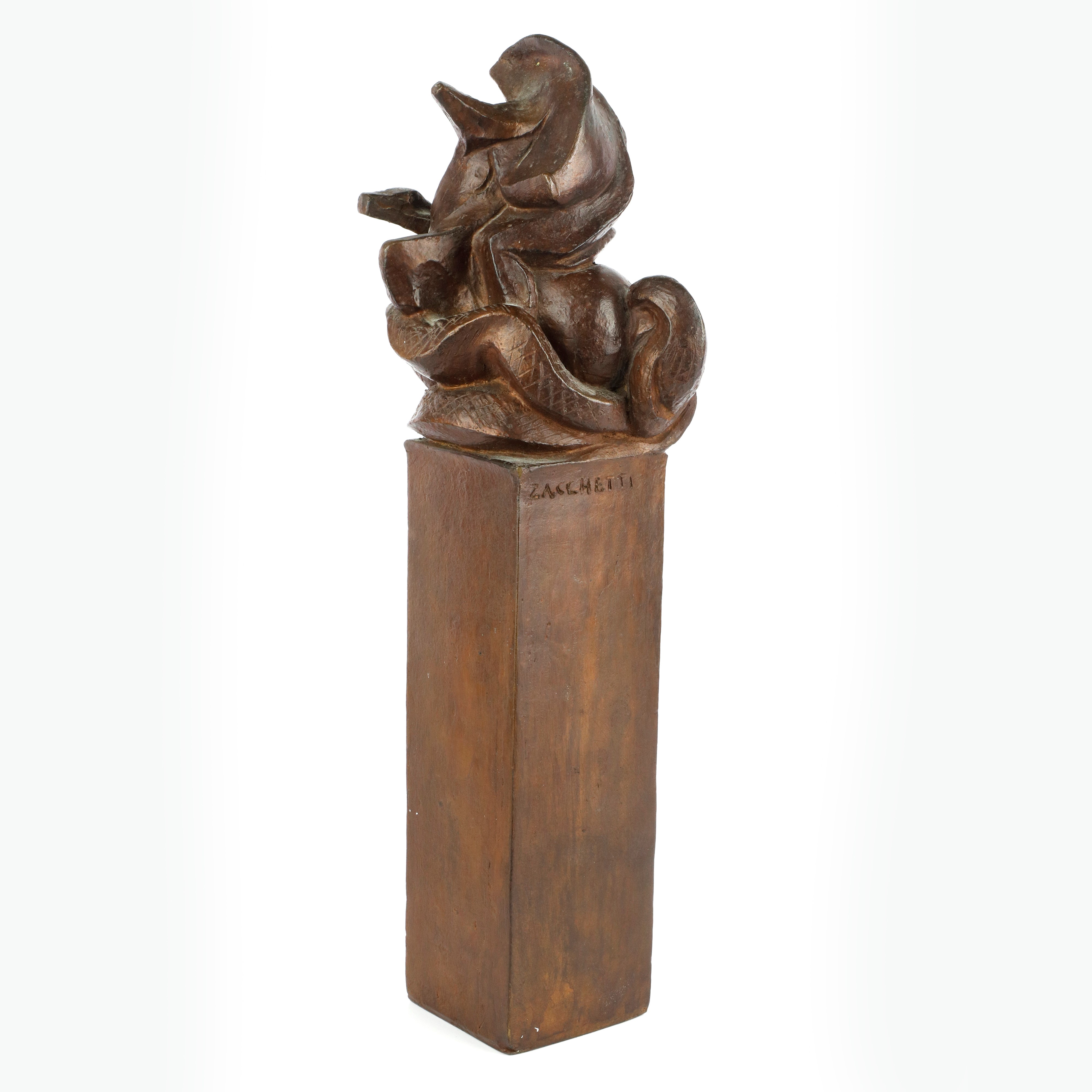 Renzo Zacchetti - San Giorgio e il Drago, Scultura in Volume in Bronzo a Patina Bruna