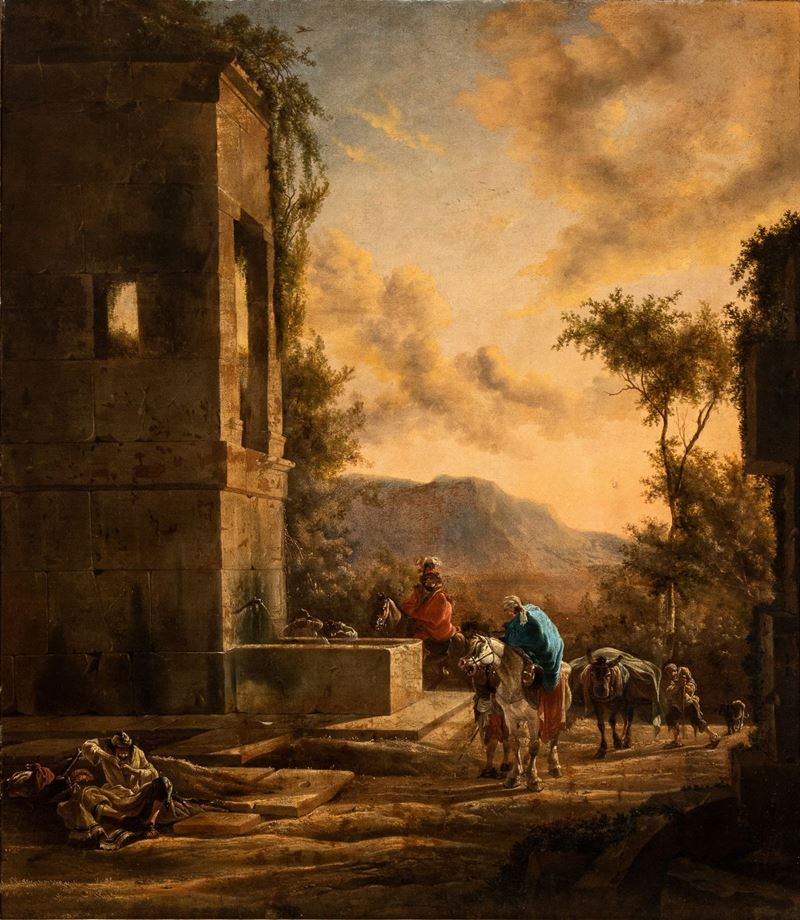 Jan Baptist Weenix - Paesaggio con Sosta di Cavalieri Presso una Fontana e Mendicanti