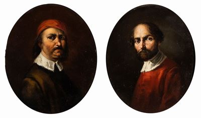 A) Ritratto Virile con Cappello Rosso; B) Ritratto Virile in Giubba Rossa. Coppia di Dipinti