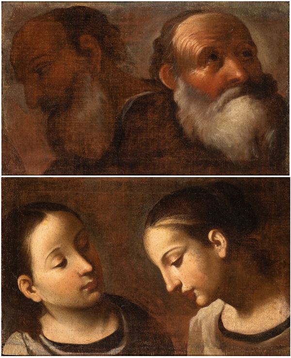 Artista emiliano, XVIII secolo - a) Study for the head of an old man; b) Study for the head of a young girl. Pair of paintings