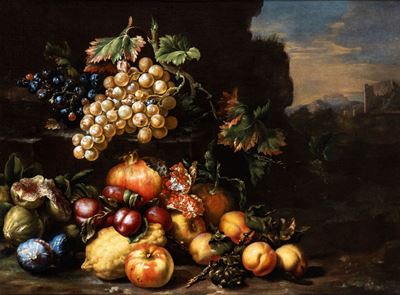 Natura Morta di Uva, Fichi, Pesche e Melograni in un Paesaggio