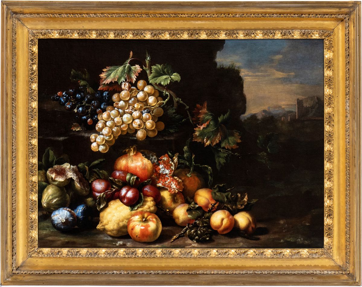 Tommaso Realfonso Masillo - Natura Morta di Uva, Fichi, Pesche e Melograni in un Paesaggio