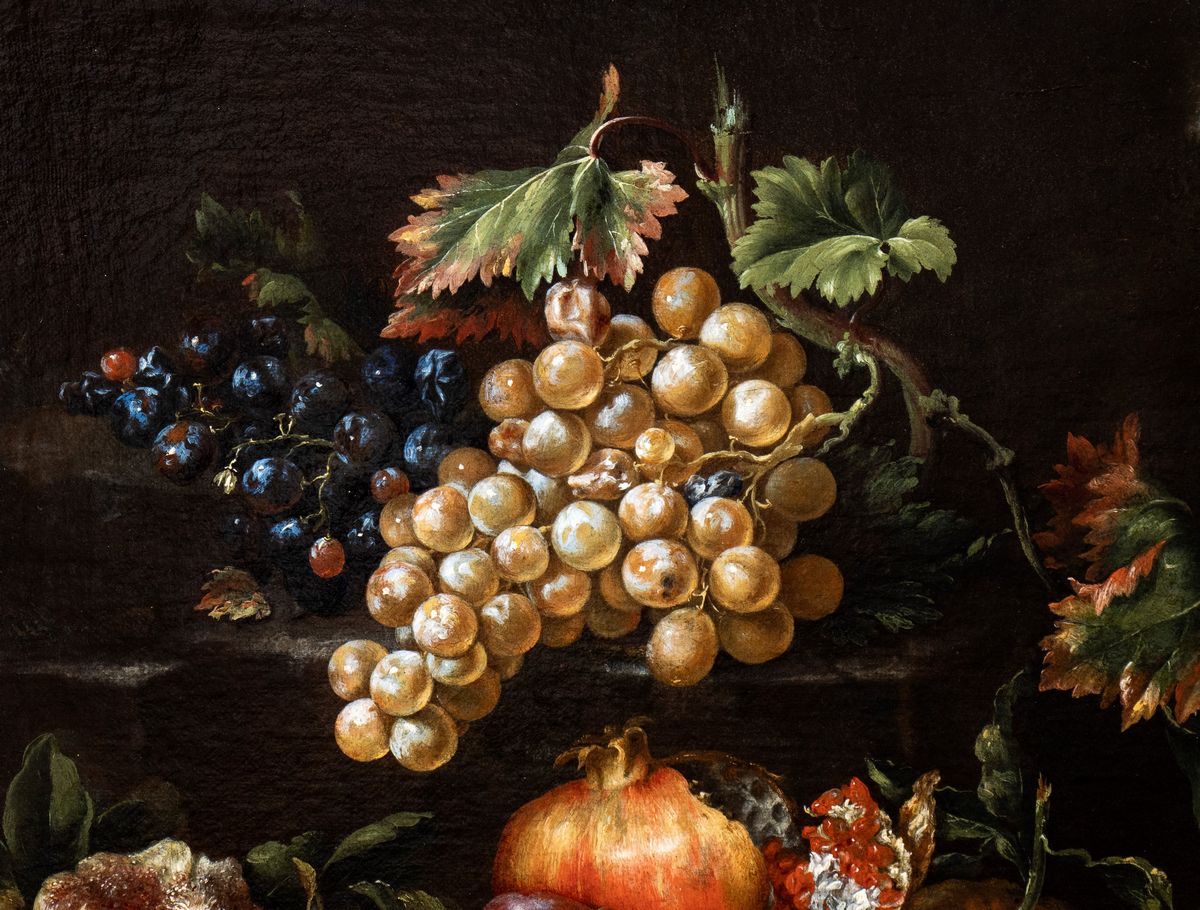 Tommaso Realfonso Masillo - Natura Morta di Uva, Fichi, Pesche e Melograni in un Paesaggio