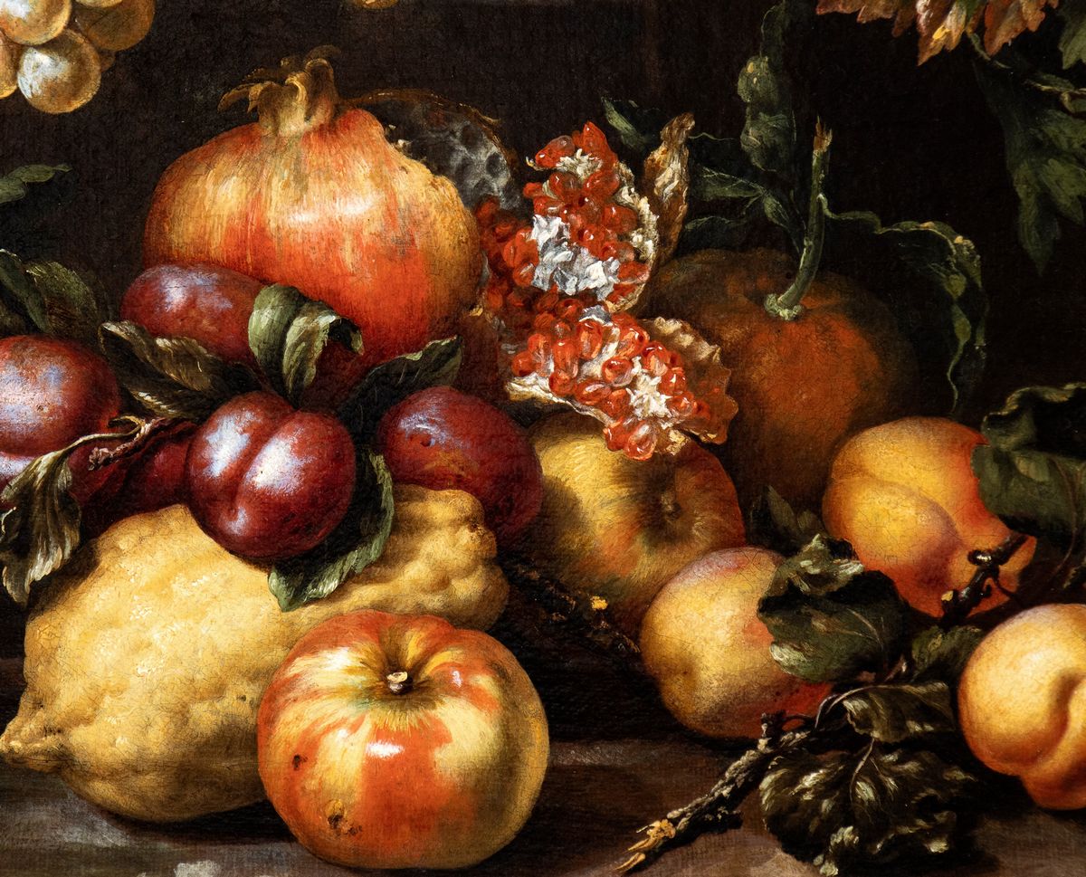 Tommaso Realfonso Masillo - Natura Morta di Uva, Fichi, Pesche e Melograni in un Paesaggio