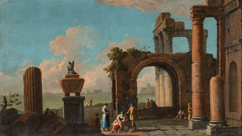 Artista Veneto, XVIII Secolo - Capriccio Costiero con Ruderi e Figure