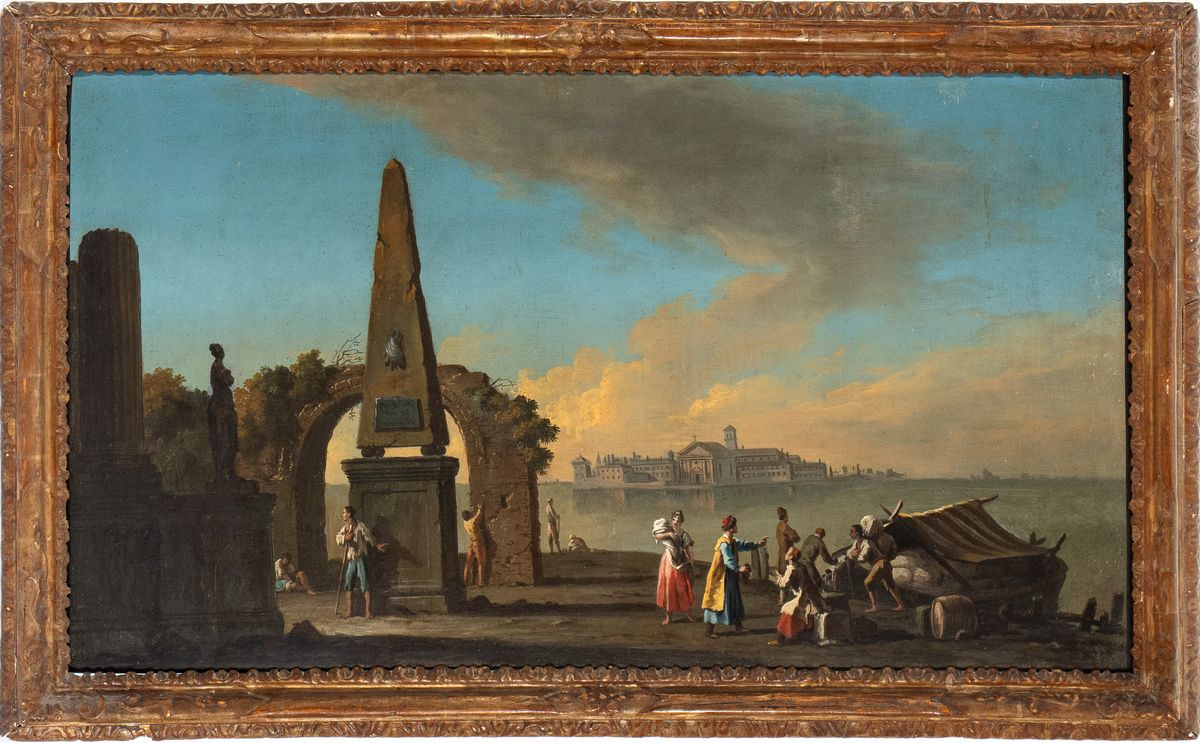 Artista Veneto, XVIII Secolo - Capriccio Costiero con Ruderi, Figure e L'isola di San Giorgio sul...