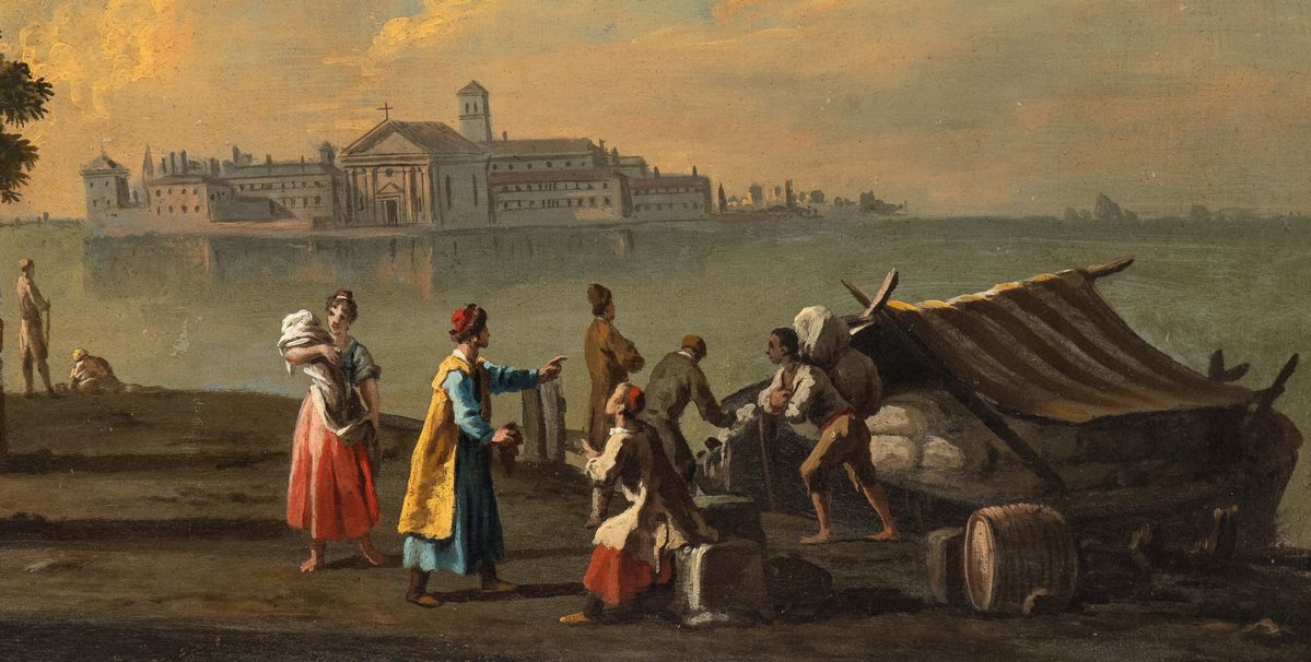 Artista Veneto, XVIII Secolo - Capriccio Costiero con Ruderi, Figure e L'isola di San Giorgio sul...
