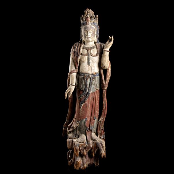A LARGE PAINTED WOOD GUANYIN