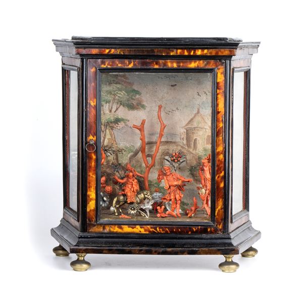 An Italian carved coral, tortoiseshell and silver Nativity scene