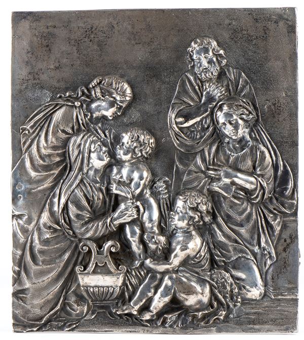 Placca in argento con Sacra Famiglia e Santi