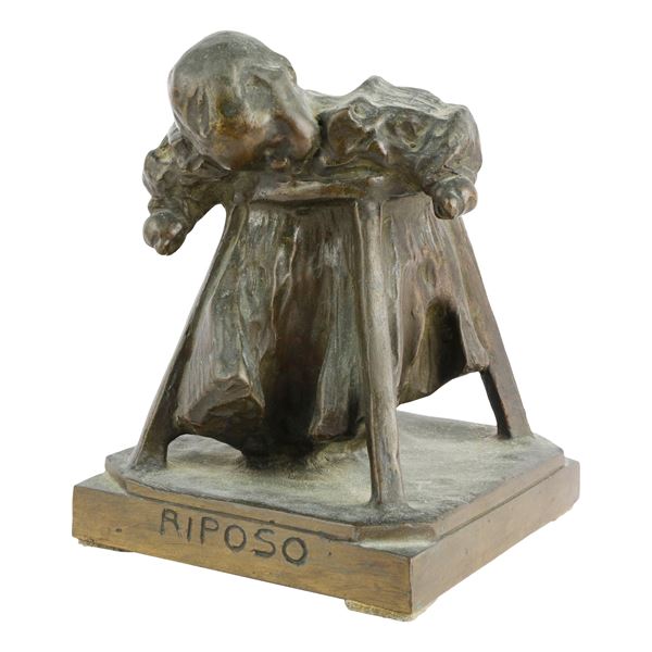 EUGENIO PELLINI - Riposo , scultura in volume in bronzo a patina bruna