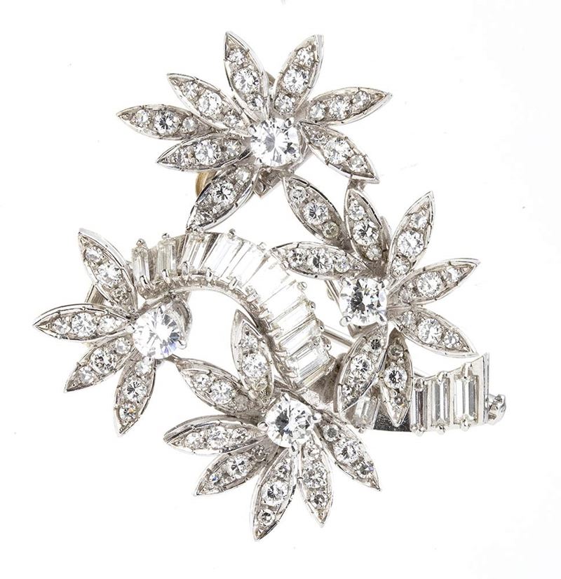 Spilla - Pendente Floreale in Platino e Diamanti - Anni '50