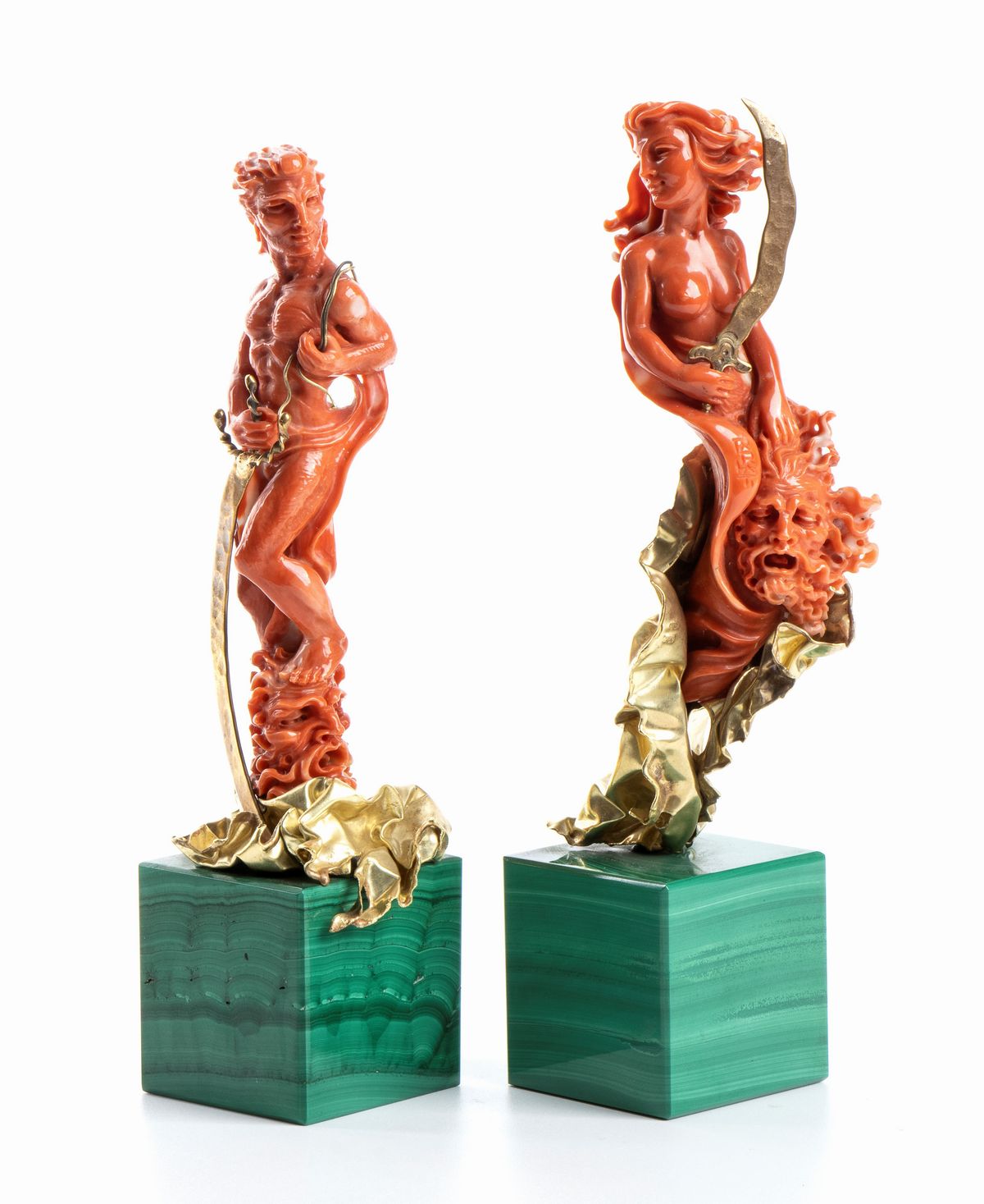 Carlo Parlati - Coppia di Sculture in Corallo, Oro 18k e Malachite