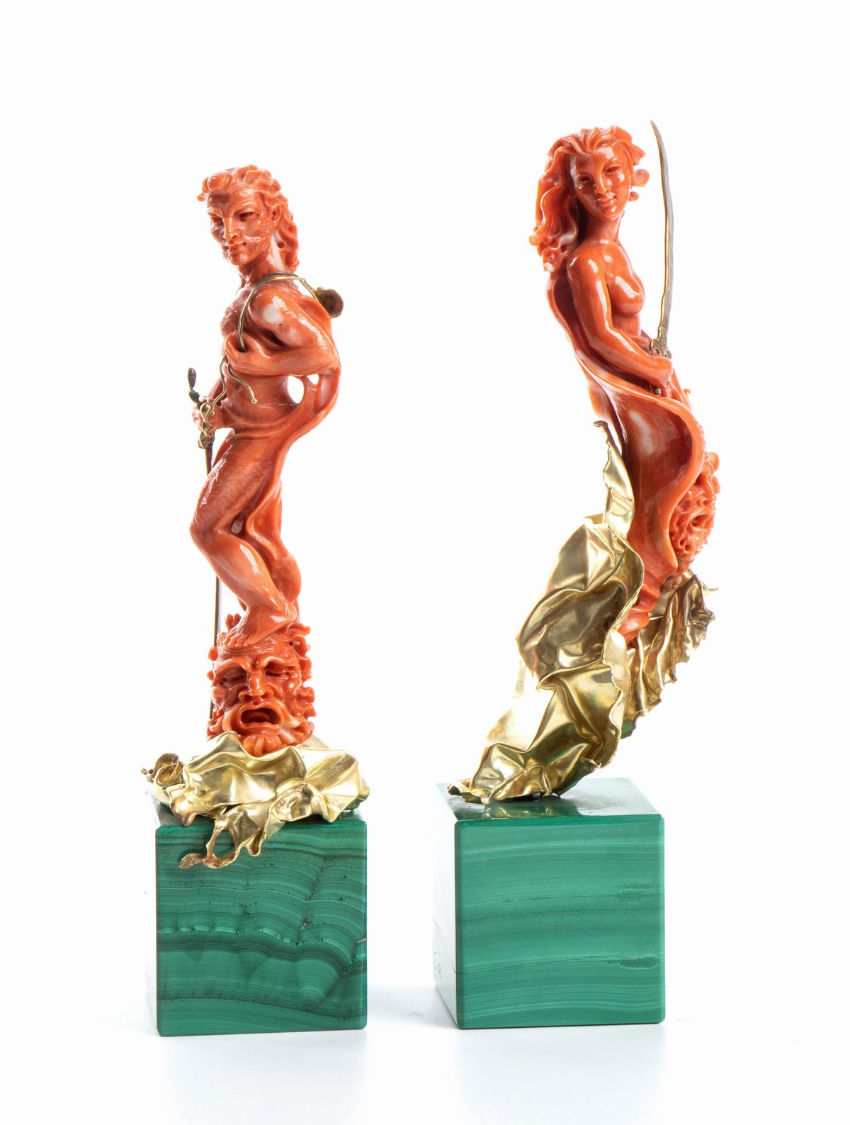 Carlo Parlati - Coppia di Sculture in Corallo, Oro 18k e Malachite