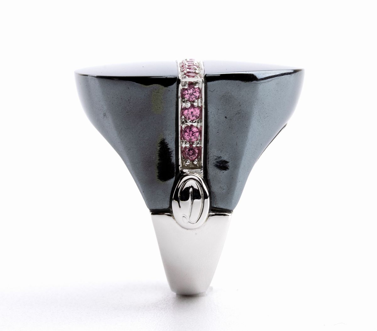 DAMIANI: anello a fascia in oro ceramica e corindoni rosa