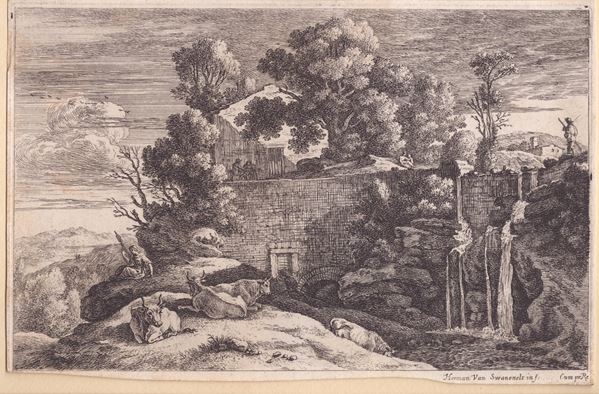 Herman van Swanevelt : Landscape with cows  - Auction Old Master and Modern Prints, Matrices, Maps, Photography - Bertolami Fine Art - Casa d'Aste