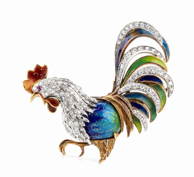 Spilla a forma di gallo in oro, diamanti e smalti