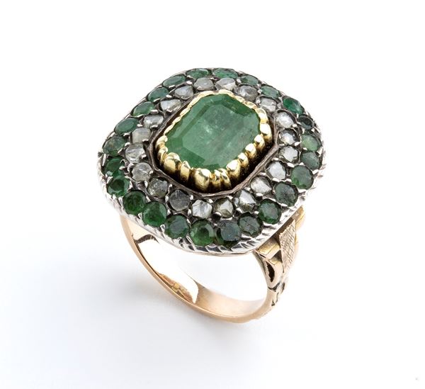 Emerald diamond gold silver ring