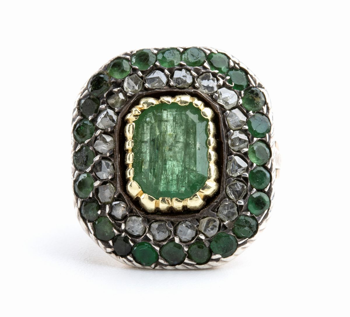 Anello in Oro ed Argento con Diamanti e Smeraldi