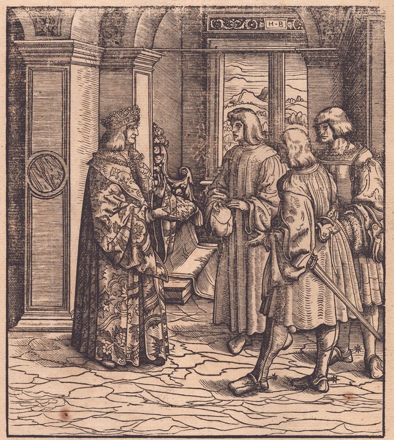Hans Burgkmair il Vecchio - Il Giovane Weisskunig Impara L'inglese dagli Arcieri nei Paesi Bassi